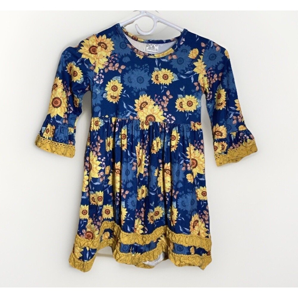 Kids XL Blue Yellow Sunflower Ruffle Lace Trim Dress Fall Boutique‎ Rustic Boho